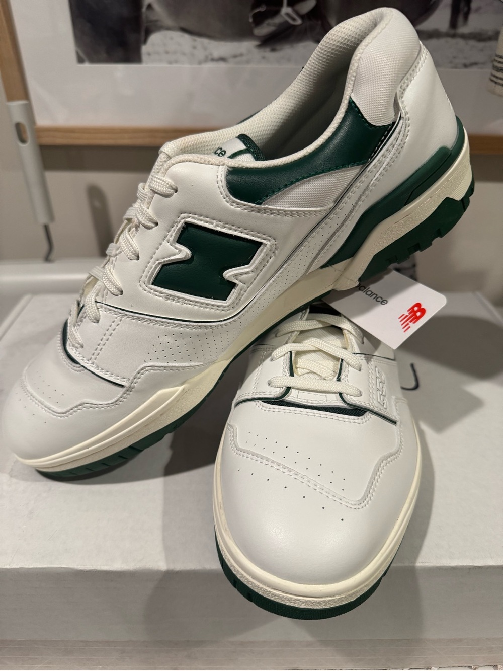 New Balance Men’s White and Dark Green Leather Sneakers